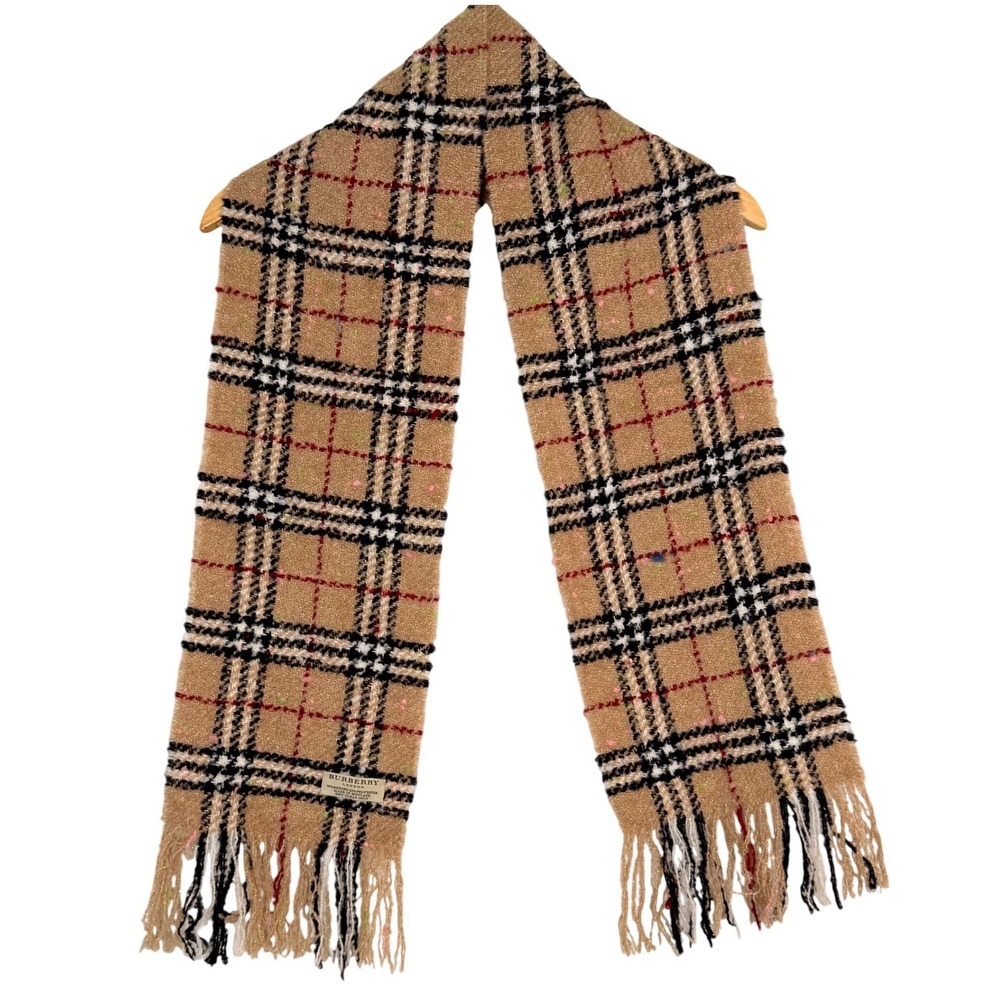 Burberry London Scarf Merino Wool Nova Check Boucle Metallic Gold Fringe Scotlan